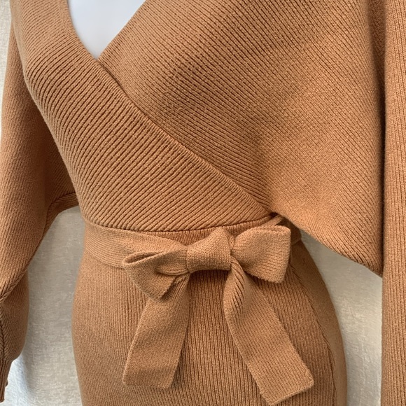 Forever 21 Tan Faux Wrap Tie Waist Knit Sweater Dress - Picture 6 of 11